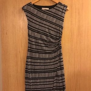 Side shirred sheath dress with front diagonal slit